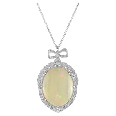 Pre-owned Unbranded Edwardian Style 15.39 Ethiopian Opal & Diamond 18k White Gold Vintage Necklace