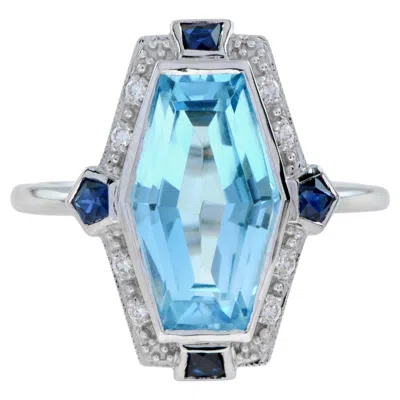 Pre-owned Unbranded Elongated Hexagon Blue Topaz & Diamond Sapphire Art Deco Style White Gold Ring