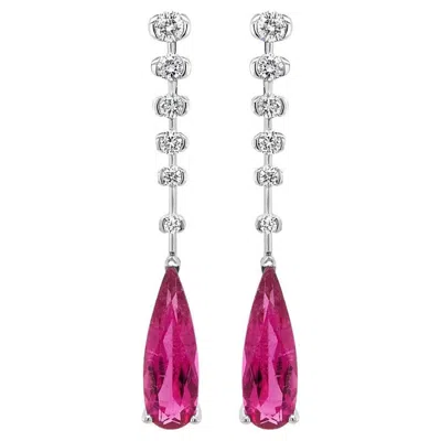 Pre-owned Unbranded Elongated Pear Shape Pink Tourmaline & White Diamond 18k White Gold Earrings