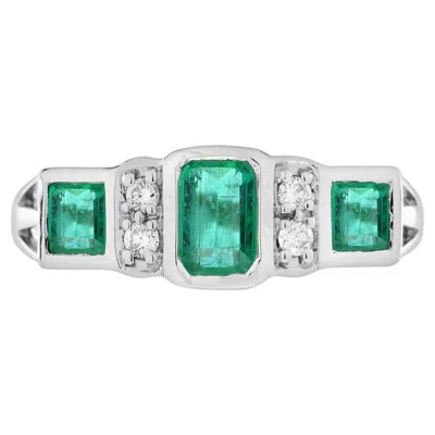 Pre-owned Unbranded Emerald & Diamond Art Deco Style Three Stone 14k White Gold Ring