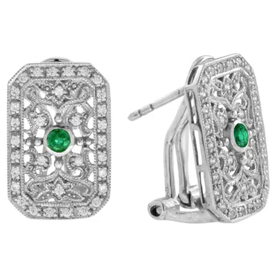 Pre-owned Unbranded Emerald & Diamond Edwardian Inspired Vintage Style Filigree White Gold Earrings
