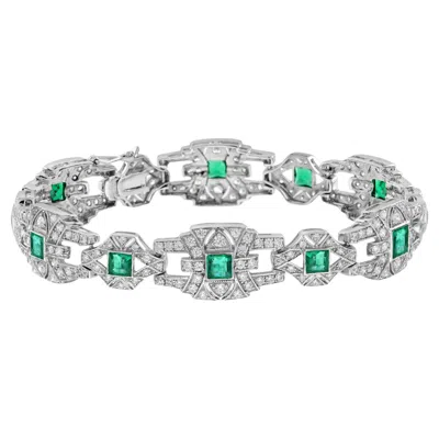 Pre-owned Unbranded Emerald & Diamond Vintage Inspire Art Deco Style Link White Gold Unique Bracelet