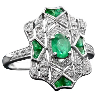 Pre-owned Unbranded Emerald & Diamond Vintage Inspired Art Deco Style Filigree White Gold Ring
