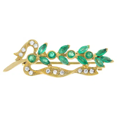 Pre-owned Unbranded Emerald & Diamond Vintage Inspired Style Leaves Yellow Gold Pin Brooch