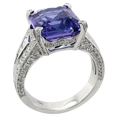 Pre-owned Unbranded Emerald Cut Blue Tanzanite & White Diamond 18k White Gold Ring