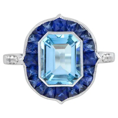 Pre-owned Unbranded Emerald Cut Blue Topaz & Sapphire Halo Diamond Engagement 14k White Gold Ring