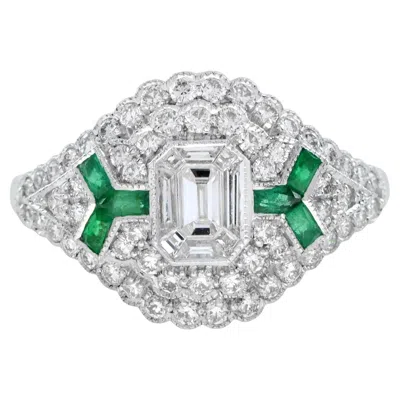 Pre-owned Unbranded Emerald Cut Diamond & Emerald Art Deco Inspired Style 18k White Gold Unique Ring
