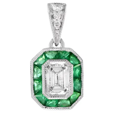 Pre-owned Unbranded Emerald Cut Diamond & Green Emerald Halo 14k White Gold Pendant