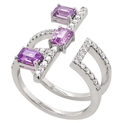 Pre-owned Unbranded Emerald Cut Pink Sapphire & White Diamond 18k White Gold Ring