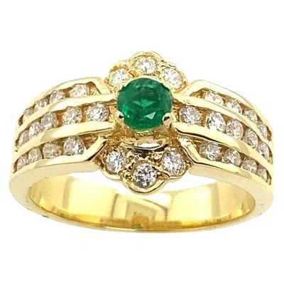 Pre-owned Unbranded Emerald Ring Set With 0.40ct Natural Round Diamonds In 18ct Yellow Gold