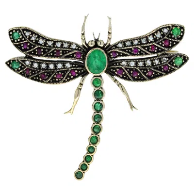 Pre-owned Unbranded Emerald Ruby Diamond Vintage Style Dragonfly 14k Yellow Gold Brooch