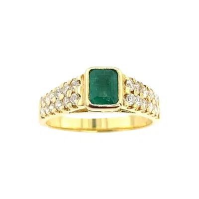 Pre-owned Unbranded Emerald Solitaire Ring Set W/ 0.35ct Natural Round Diamonds In 18ct Yellow Gold