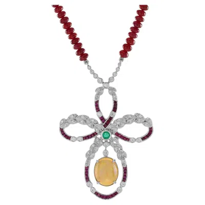 Pre-owned Unbranded Ethiopian Opal Ruby Emerald Diamond Edwardian Style 14k White Gold Necklace