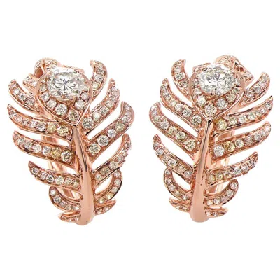 Pre-owned Unbranded Fancy Diamond 18k Rose Gold Feather Bird Fantasy Earrings In Red