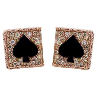 Pre-owned Unbranded Fancy Diamond & Black Onyx 18k Rose Gold Playing Card Spades Cufflinks In Red