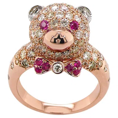 Pre-owned Unbranded Fancy Diamond & Ruby 18k Rose Gold Teddy Bear Ring In Red