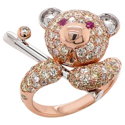 Pre-owned Unbranded Fancy Diamond & Ruby 18k Rose Gold Teddy Bear Ring In Red