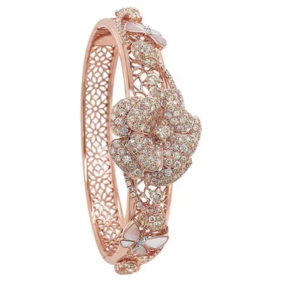 Pre-owned Unbranded Fancy Diamond & White Pearl White Diamond Floral Butterfly Gold Bangle Bracelet