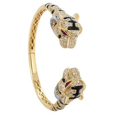 Pre-owned Unbranded Fancy Diamond Onyx & Ruby 18k Yellow Gold Double Leopard Head Bangle Bracelet