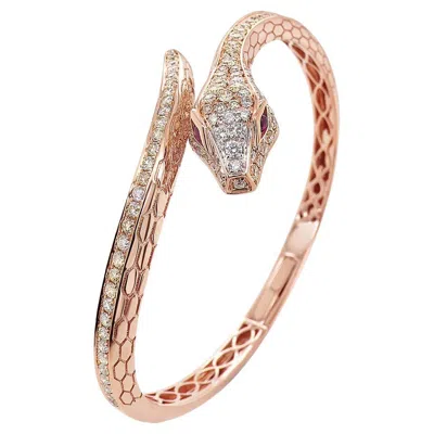 Pre-owned Unbranded Fancy Diamond Ruby & White Diamond 18k Rose Gold Snake Bangle Bracelet