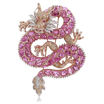 Pre-owned Unbranded Fantasy Dragon Diamond Pave & Pink Sapphire Rose White Gold Animal Pin Brooch