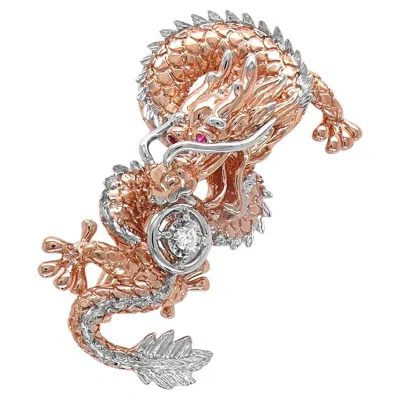 Pre-owned Unbranded Fantasy Dragon Diamond Pave & Ruby 18k Rose White Gold Animal Pin Brooch