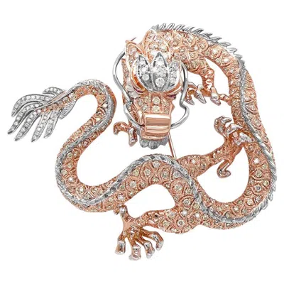 Pre-owned Unbranded Fantasy Dragon Diamond Pave & Ruby 18k Rose White Gold Animal Pin Brooch