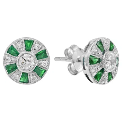 Pre-owned Unbranded Ferris Wheel Diamond French Cut Emerald Art Deco Style Stud White Gold Earrings