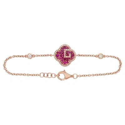 Pre-owned Unbranded Flower Clover Ruby Fancy Diamond & White Diamond 18k Rose Gold Bracelet