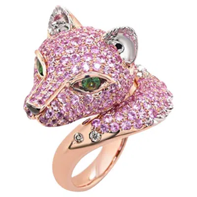 Pre-owned Unbranded Fox Pink Sapphire Diamond Pave & Green Garnet 18k Rose Gold Animal Ring In Red