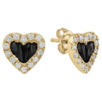 Pre-owned Unbranded French Cut Onyx & Diamond Heart Shape Stud 14k Yellow Gold Earrings