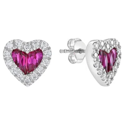 Pre-owned Unbranded French Cut Red Pink Ruby Diamond Halo Heart Shaped Stud 14k White Gold Earrings