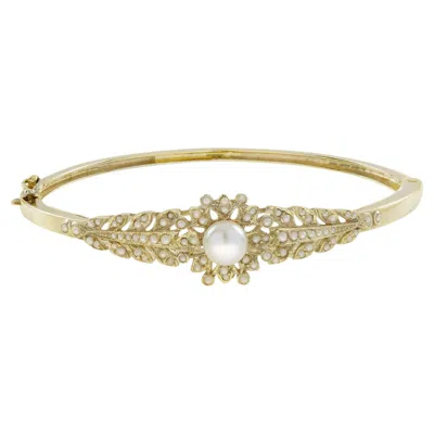 Pre-owned Unbranded Fresh Water Pearl Victorian Style 14k Yellow Gold Bangle Bracelet