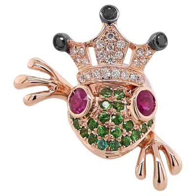 Pre-owned Unbranded Frog Pink Ruby & Diamond Pave Green Garnet 18k Rose Gold Animal Pin Brooch In Red