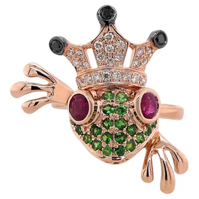 Pre-owned Unbranded Frog Pink Ruby Diamond Pave & Green Garnet 18k Rose Gold Animal Pin Brooch In Red
