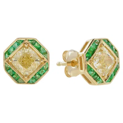 Pre-owned Unbranded Gia Cushion Diamond & Green Emerald Art Deco Style Stud 18k Yellow Gold Earrings