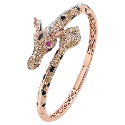 Pre-owned Unbranded Giraffe Animal Diamond Pave Black Onyx & Ruby 18k Rose Gold Bracelet Bangle In Red