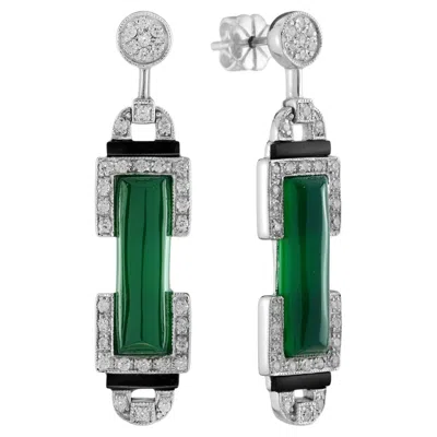 Pre-owned Unbranded Green Agate Onyx Diamond Art Deco Style Drop 14k White Gold Drop Earrings
