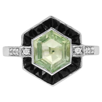 Pre-owned Unbranded Green Amethyst Prasiolite & Black Onyx Diamond Art Deco Style Hexagon Ring In Purple