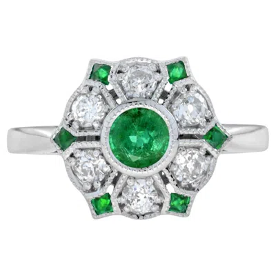 Pre-owned Unbranded Green Emerald & Diamond Antique Style Floral Flower 18k White Gold Ring