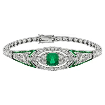 Pre-owned Unbranded Green Emerald & Diamond Art Deco Style 18k White Gold Unique Bracelet