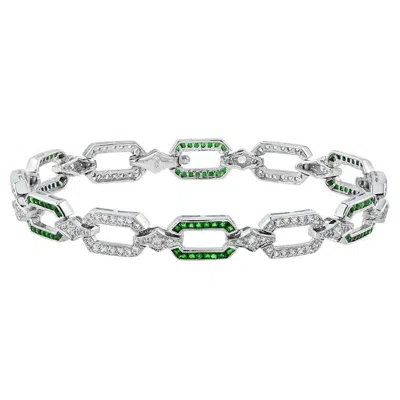 Pre-owned Unbranded Green Emerald & Diamond Art Deco Style Inspired Link 14k White Gold Bracelet