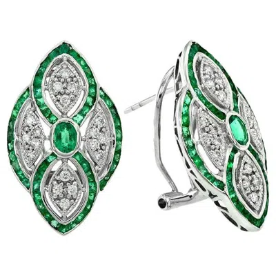 Pre-owned Unbranded Green Emerald & Diamond Curve Art Deco Inspired Omega Back White Gold Earrings