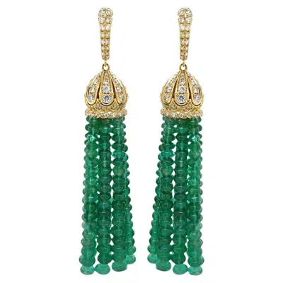 Pre-owned Unbranded Green Emerald & Fancy Diamond 18k Yellow Gold Tassel Bead Drop Earrings