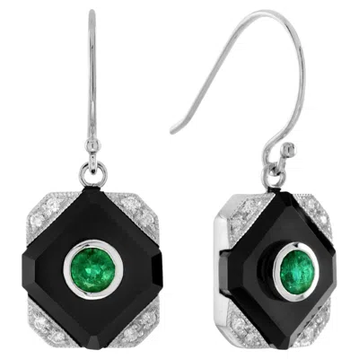 Pre-owned Unbranded Green Emerald Black Onyx Diamond Art Deco Style Dangle 14k White Gold Earrings