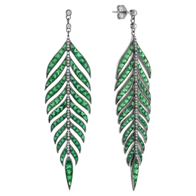 Pre-owned Unbranded Green Emerald Diamond Leaf Feather Motif Vintage Style Drop White Gold Earrings