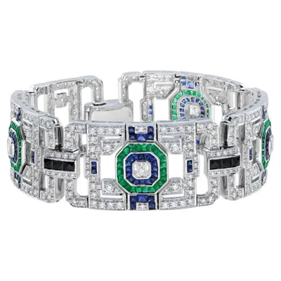 Pre-owned Unbranded Green Emerald Sapphire & Diamond Art Deco Style 18kw White Gold Unique Bracelet