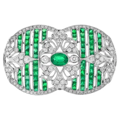Pre-owned Unbranded Green Emeralds & Diamonds Art Deco Inspired Style 18k White Gold Pin Brooch