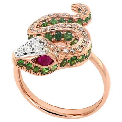 Pre-owned Unbranded Green Garnet & Brown Diamond 18k Rose Gold Snake Ring In Red