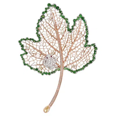 Pre-owned Unbranded Green Garnet Ruby & Diamond 18k Rose Gold Leaf Frog Brooch In Red